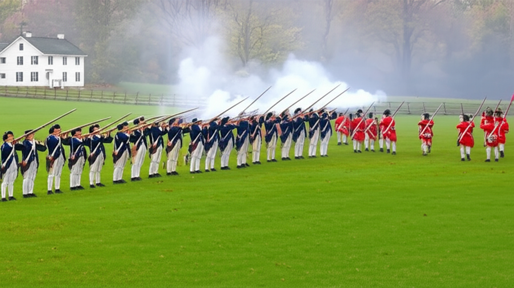 Continental Army soldiers firing muskets at advancing British redcoats across a colonial American field