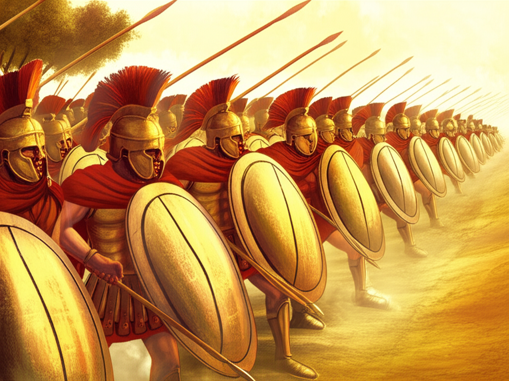 Ancient Greek and Roman soldiers in formation with shields and spears on a Mediterranean battlefield