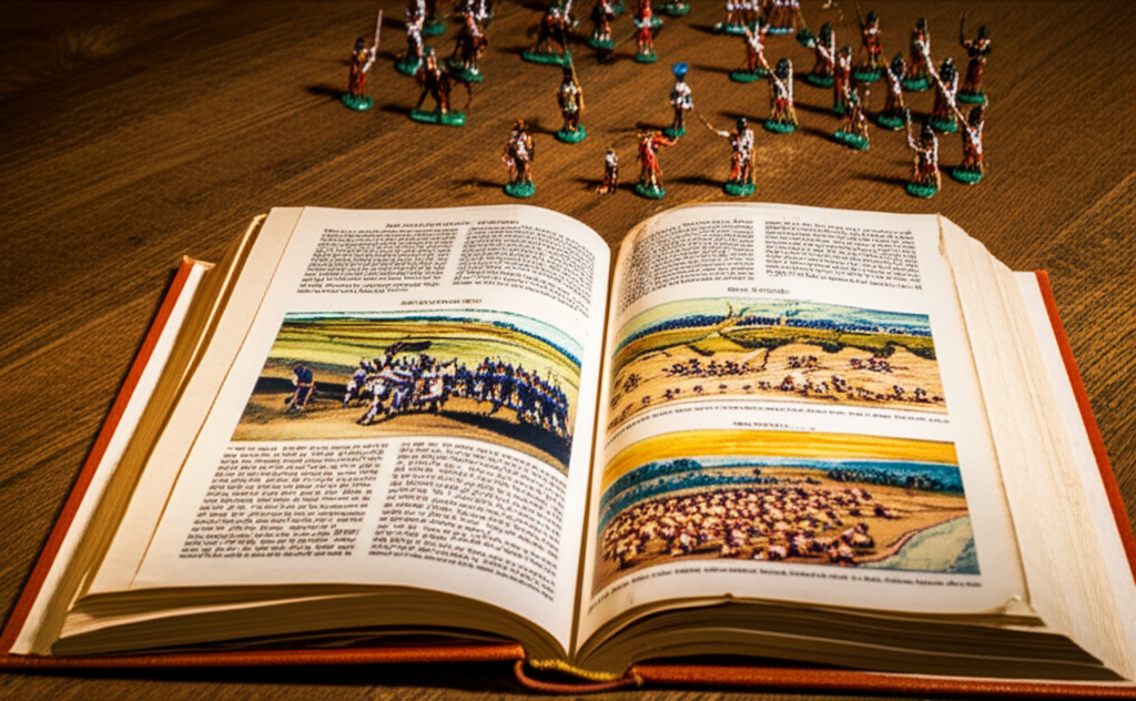 Open history book with battlefield illustrations spanning multiple eras of warfare