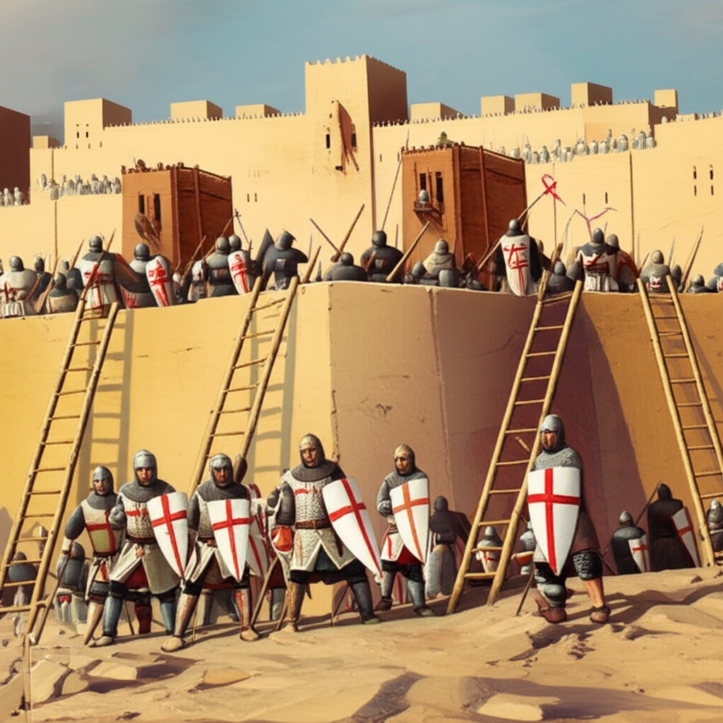 Crusader knights with cross-marked shields besieging a fortified Middle Eastern city
