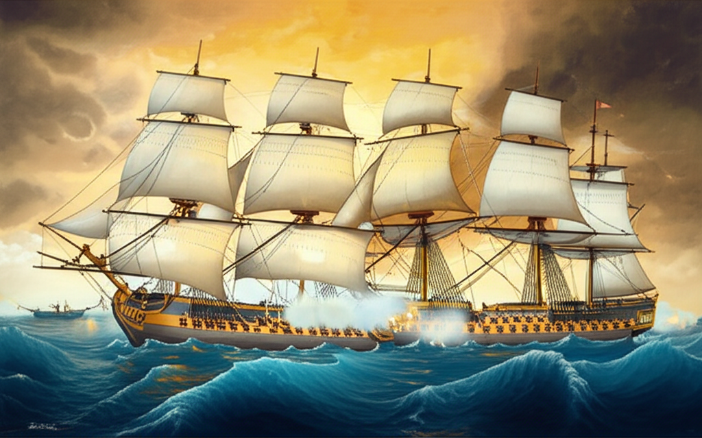 Wooden warships exchanging cannon fire on rough seas in a dramatic naval battle