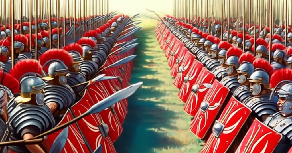 Roman legionaries with rectangular shields facing Greek hoplites in phalanx formation