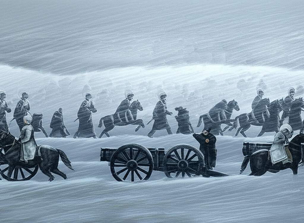 Army marching through a blizzard with soldiers struggling against wind and snow