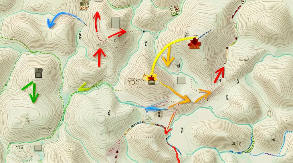 Tactical battle map showing flanking arrows and troop formations from above