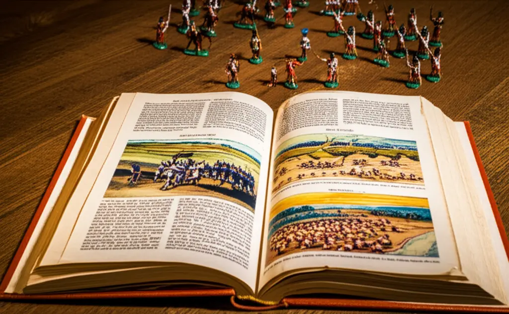 Open history book with battlefield illustrations from several eras of warfare