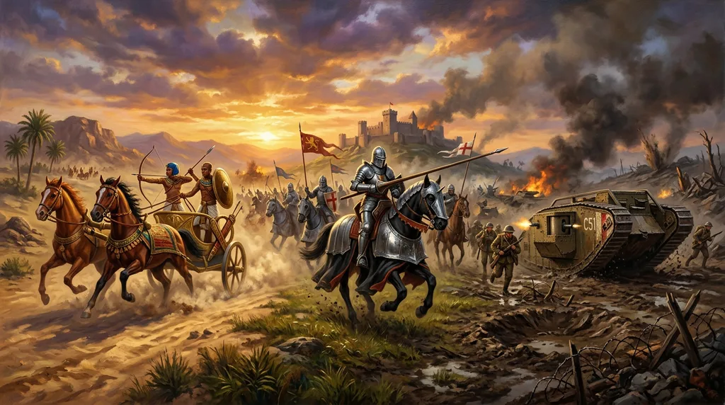 A war chariot, a mounted knight and a First World War tank shown side by side across an open field