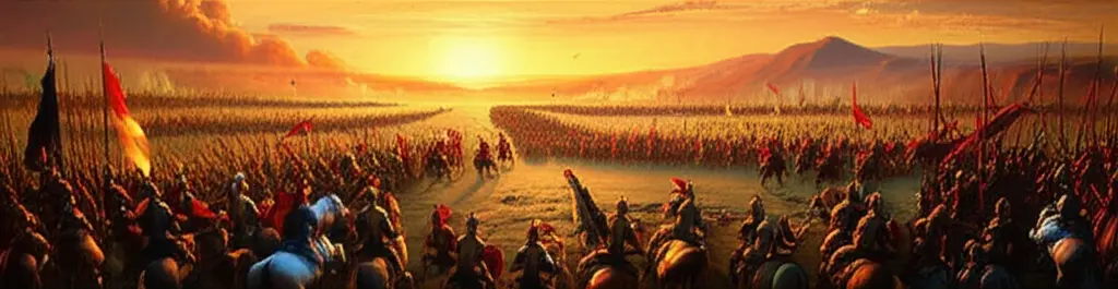 Painting of two armies clashing on an open battlefield