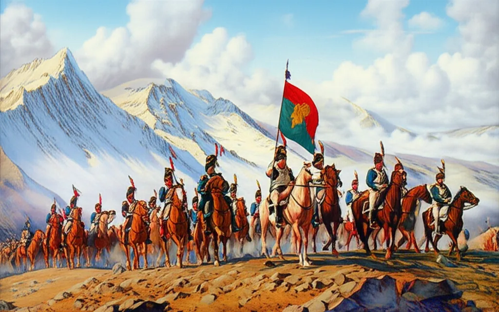 Independence army with cavalry and flags crossing a high pass in the Andes