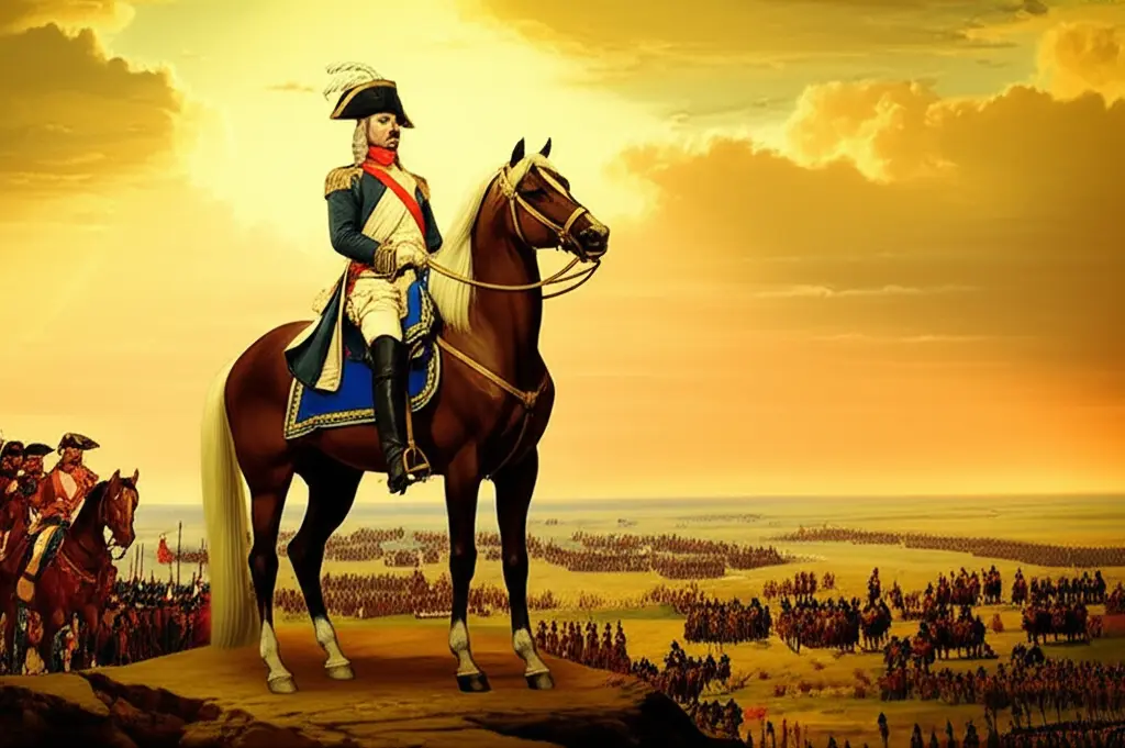 General on horseback surveying a battlefield with troops drawn up below