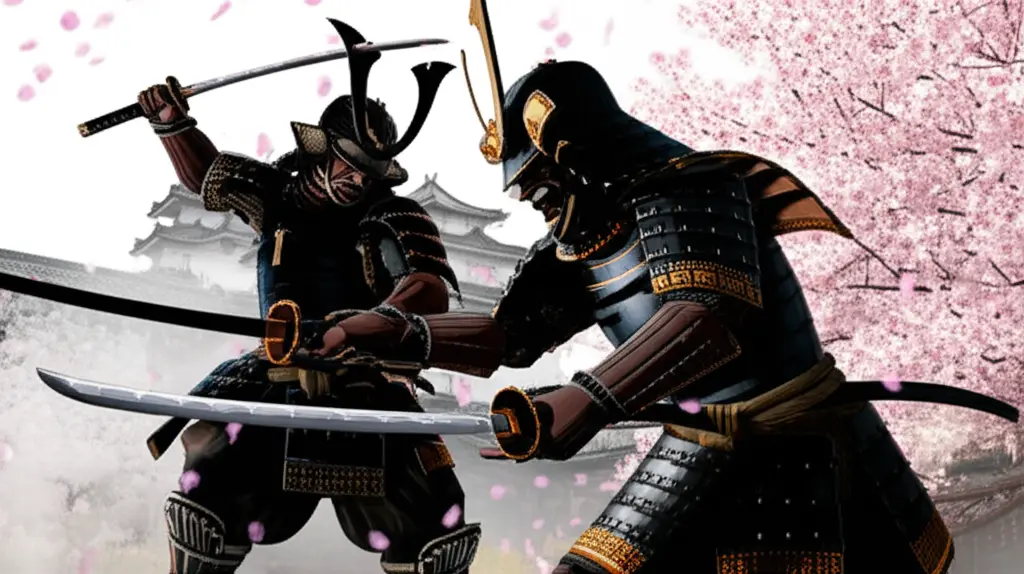 Samurai in lamellar armour fighting with swords in front of a Japanese castle