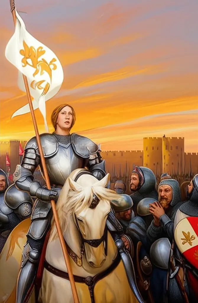 Joan of Arc in armour holding a banner and rallying French soldiers at Orleans