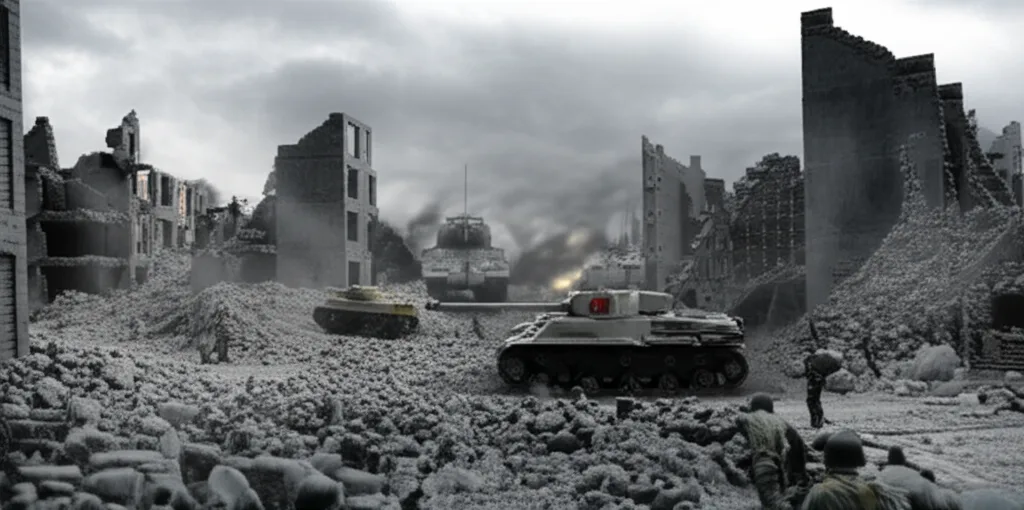 Tanks and infantry advancing through smoke on a European battlefield in the Second World War